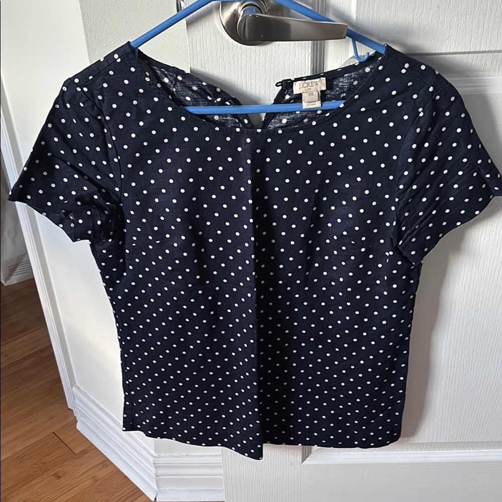 J. Crew Navy and White Polka Dot Short Sleeve Blouse